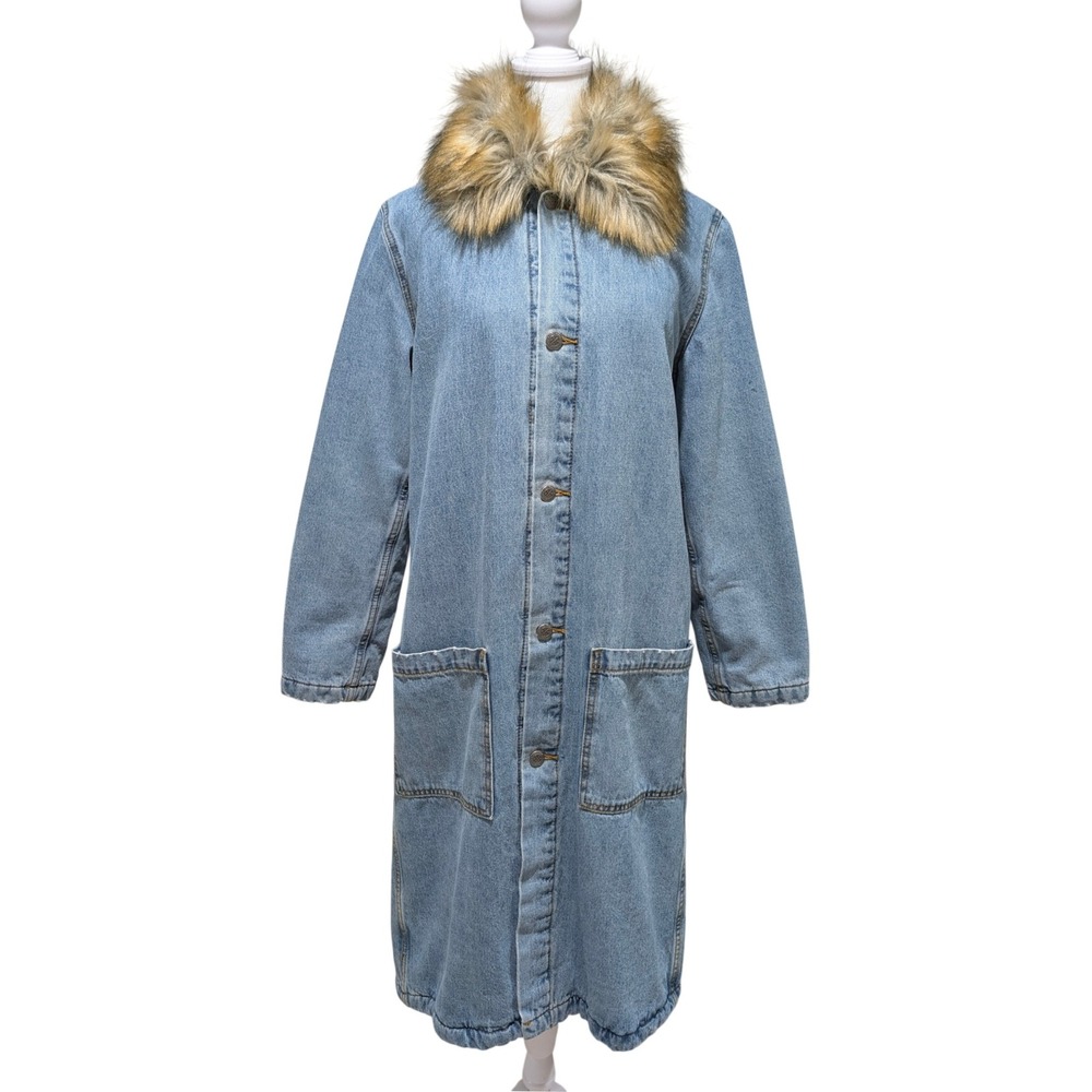 Zara Woman Premium Denim Long Coat Faux Fur Collar Sherpa Lined Blue Small Y2K